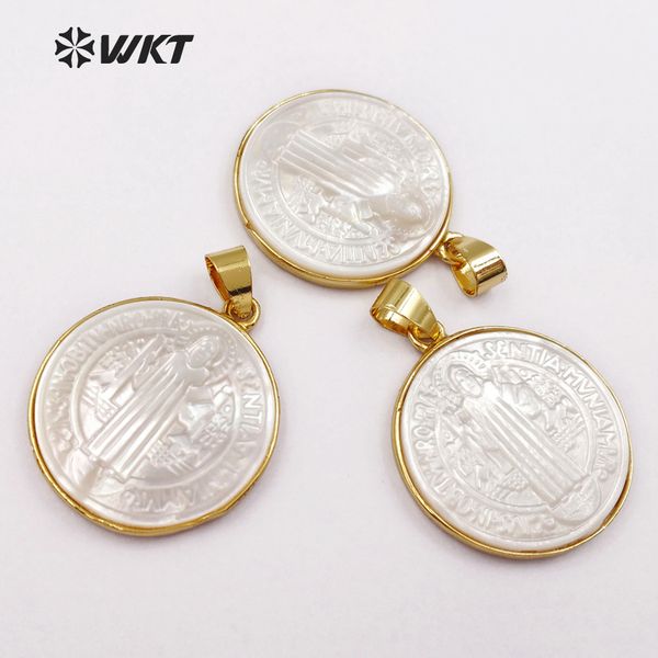 

wt-p1355 elegant jesus concise style women pandant jewelry electroplated brass round shape white shell pendants necklaces, Silver