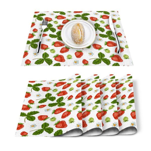 

4/6 pcs placemat table mat summer fruit strawberry leaf repeat printed for tables linen cotton kitchen dining pads set