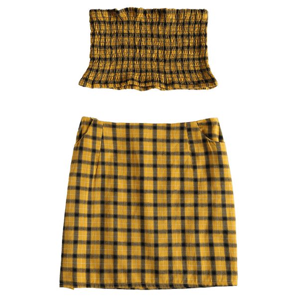 

zaful printed tartan smocked bandeau and mini summer skirt set, Gray