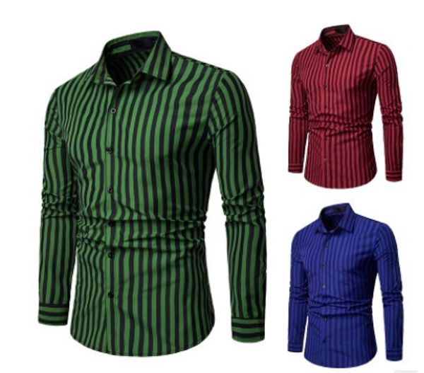 

mens red black striped shirt lapel long sleeve male vertical striped shirts casual business regular fit plus size homme xxl, White;black