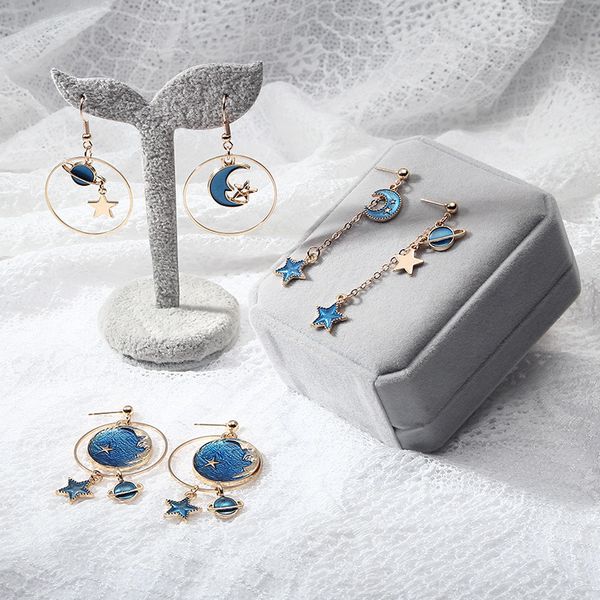 

2019 new fashion clip earrings lovely simple blue / the moon / starry sky long section asymmetric pendant for ladies gift, Silver