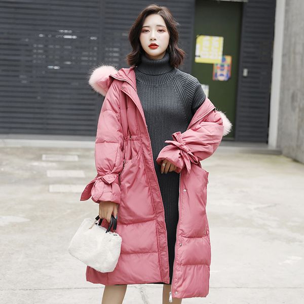 

2019 new fashion down jacket waist large fur collar women's long coat white black red