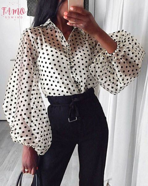 

fashion womens summer mesh shirt see through polka dot long sleeve casual shirts lace sheer loose blouse black, White