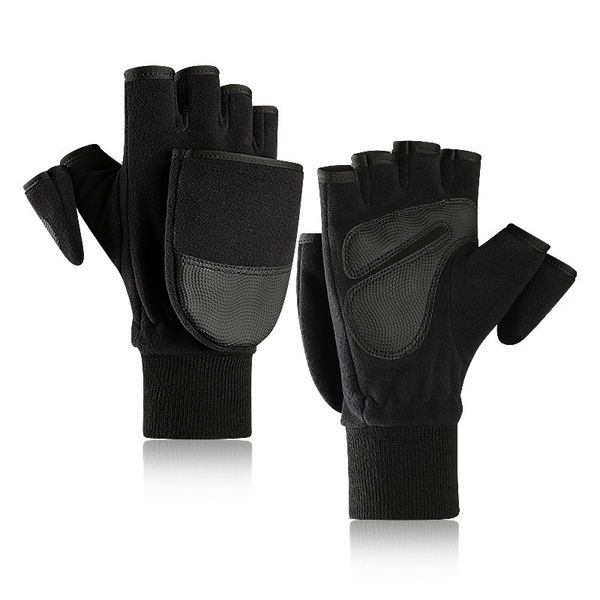 

winter fleece warm gloves contact screen male flip cover refers to plus velvet thickening outdoor pgraphy gloves, Black