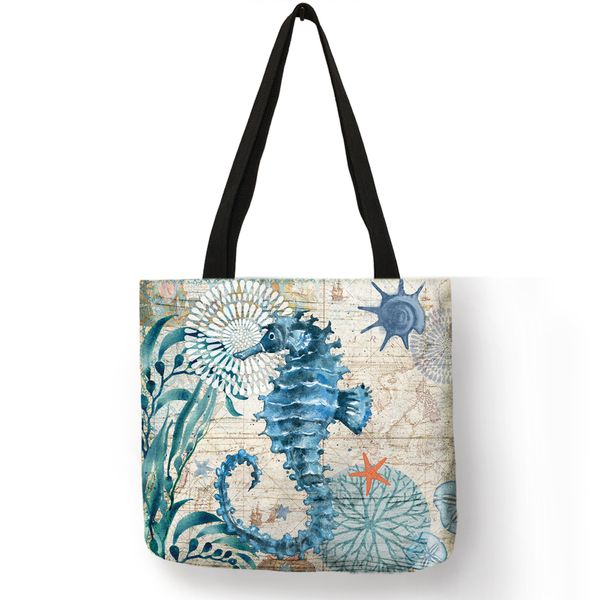 

customize tote bag seahorse turtle ocs pattern traveling shoulder bags eco linen shopping bags for women with print