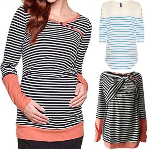 

3 colors summer arrival maternity long sleeveless t-shirt loose contrast color striped o-neck patchwork shirt for pregnant, White