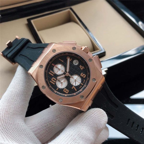 

mens designer luxury watch chronograph satch quartz movement 44mm 316l stainless steel case rubber band sapphire wristwatches with box, Slivery;brown