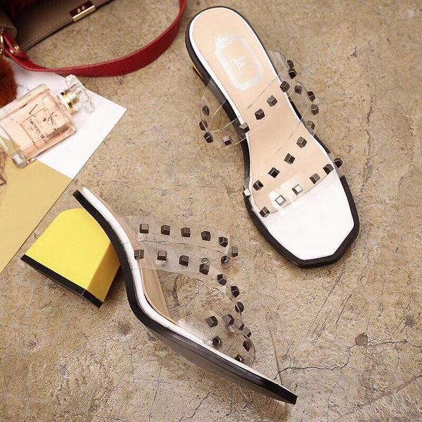 

women slippers sandals fashion open toe slip on outdoor slippers summer thick heels rivet summer, Black