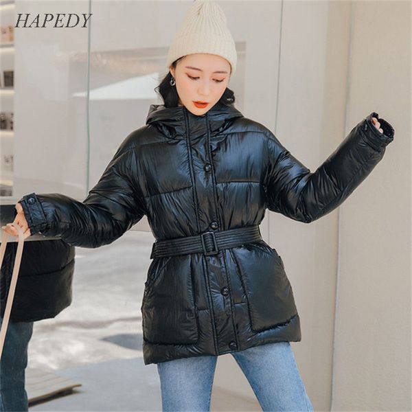 

hapedy glossy warm women hooded coat solid soft cotton padded jackets female women slim belt winter parkas jacket coat 2019 new, Black