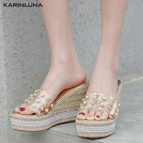 

karin 2020 fashion summer slippers woman shoes platform wedge high heels string bead shoes women slippers female, Black