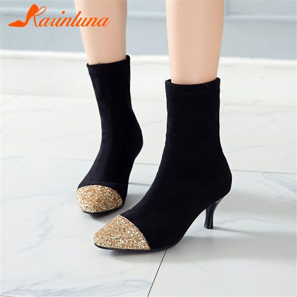 

karin new large size 32-43 fashion 2019 pointed toe party wedding boots women shoes woman ladies high heel bling ankle boots, Black