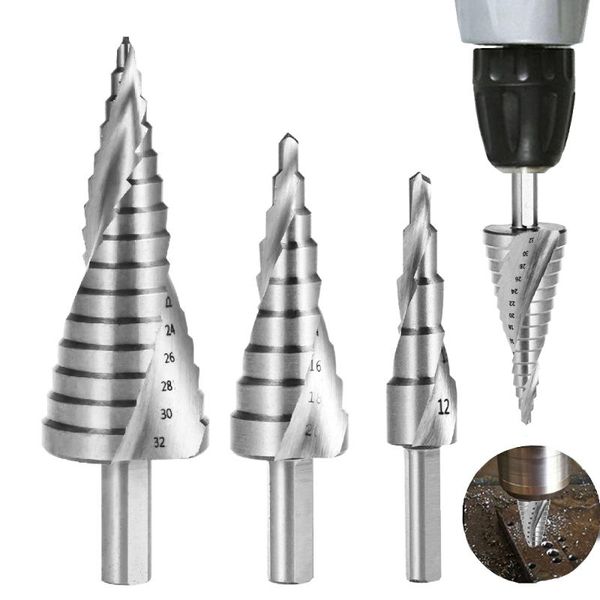 

vastar hss steel titanium step drill bits cone cut tools spiral grooved center woodworking wood metal drill bit set 4-12/20/32mm