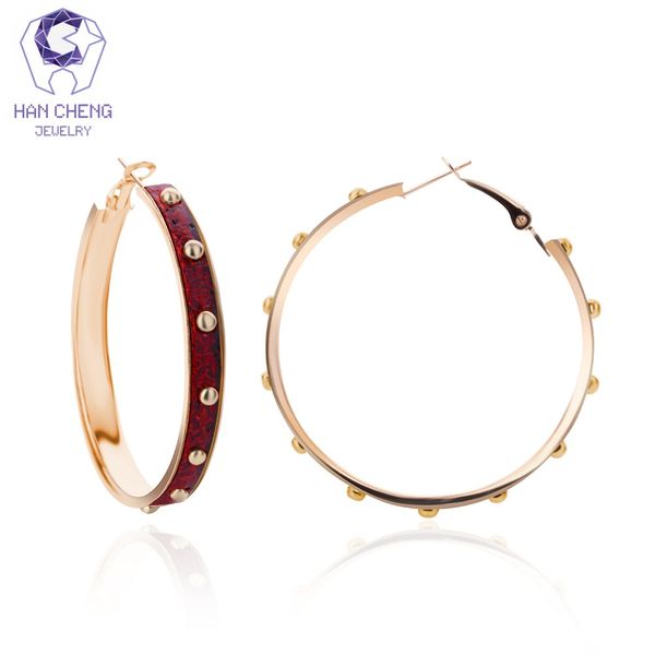 

hancheng new fashion simple classic leather loop golden plated circle round big hoop earrings for women jewelry brincos bijoux, Golden;silver
