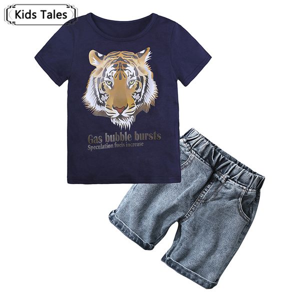 

st369 baby clothing sets kids clothes summer boys sets children short sleeve t-shirt with cartoon print suits+jeans boys clothes, White