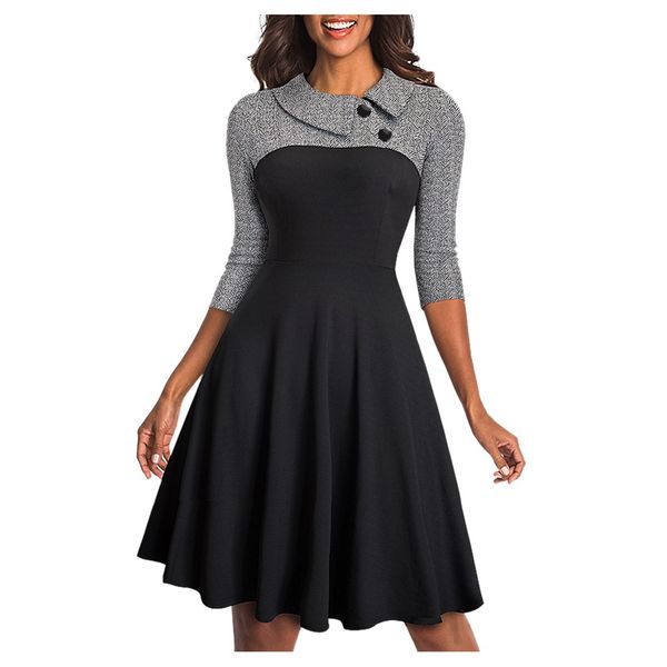 

vestidos ropa mujer winter dress women's lapel 3/4 sleeve church aline colorblock work christmas dress party bodycon formal, Black;gray