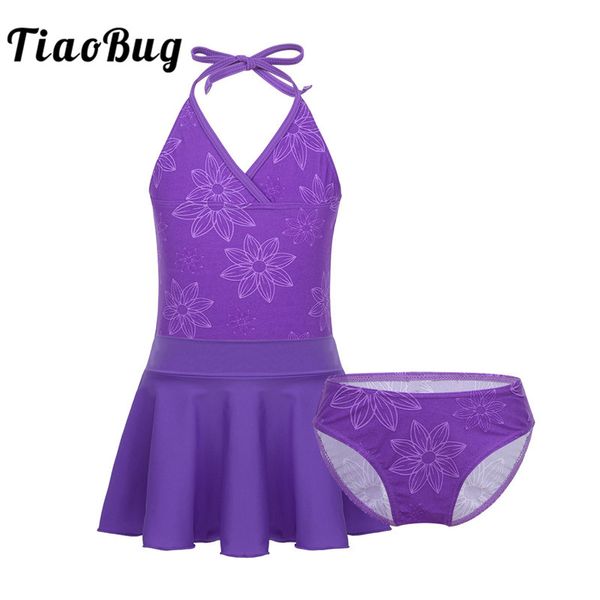 

tiaobug kids teens purple halter tankini girls with swim briefs skirt swimwear swimsuit child beach bathing suit bikini set