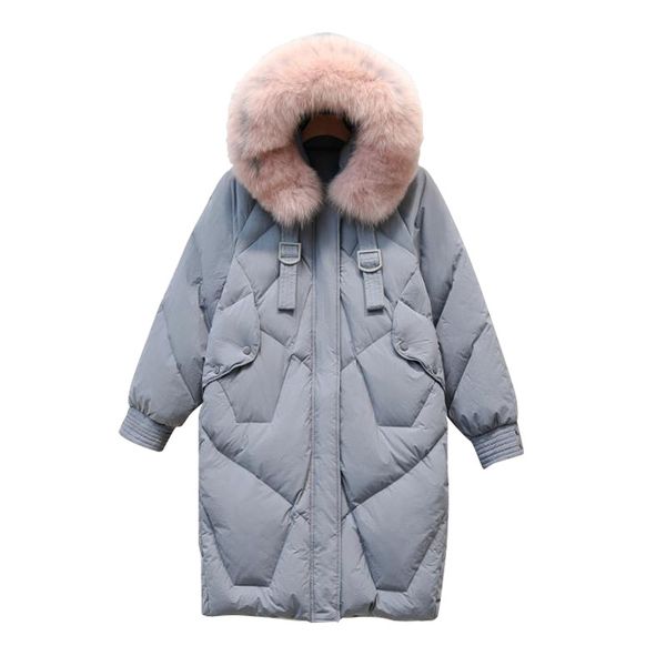 

корейский пуховик женский зимний длинный пуховик утка пуховики с капюшоном из натурального лиса меховой воротник свободные толстые моды прил, Black