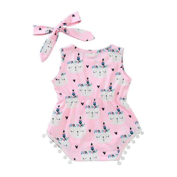 

Romper Hair Band 2 Pcs Baby Girl Clothes Rabbit Print Easter Sleeveless Fringed Small Ball Jumpsuit Romper