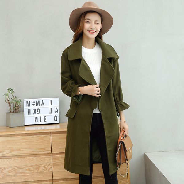 

office lady slim long wool coat belt turn-down collar wool blend coat and jacket pockets women coats autumn winter, Black