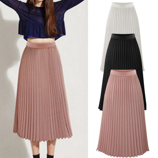 

women skirt summer pleated skirt summer 2019 chiffon womens solid pleated elegant midi elastic waist maxi w406, Black