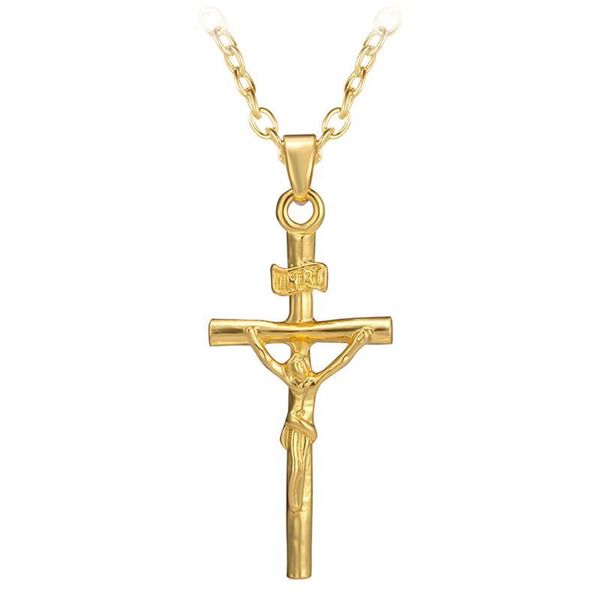 Hohe Qualität, niedriger Preis, Goldfarbe, Jesus-Kreuz-Anhänger-Halskette, religiöser Schmuck, Kruzifix-Halskette, Statement-Schmuck, Weihnachten