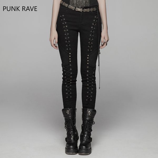 

punk rave women steampunk rope pants lace up decration party streetwear hip hop personality pencil pants, Blue