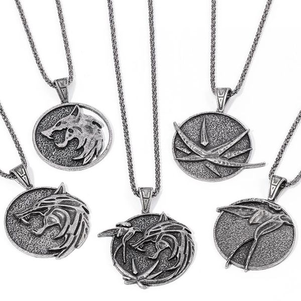 

wild hunt wolf medallion round necklace men pendant metal chian wolf head swallow necklace geralt cosplay classic jewelry, Silver
