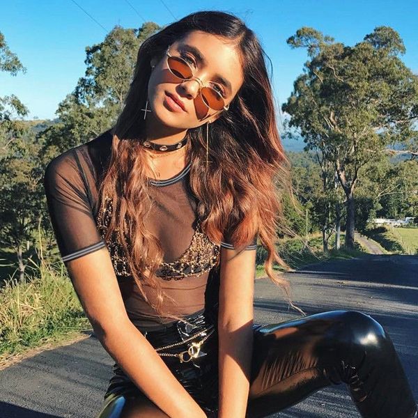 

2019 summer bodysuit women solid black round neck solid black perspective short sleeve ladies mesh romper transparent, Black;white