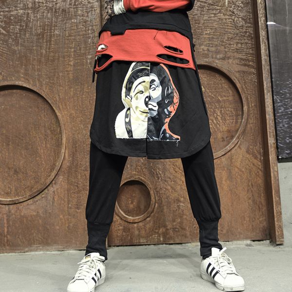 

men autumn winter fashion printed hip hop harem pants streetwear nightclub dj singer hiphop pantskirt men baggy joggers trousers, Black