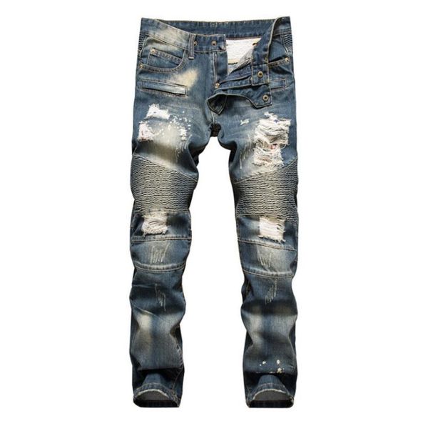 

new men jeans cool mens distressed ripped jeans fashion designer straight motorcycle biker jeans causal denim pants streetwear style, Blue