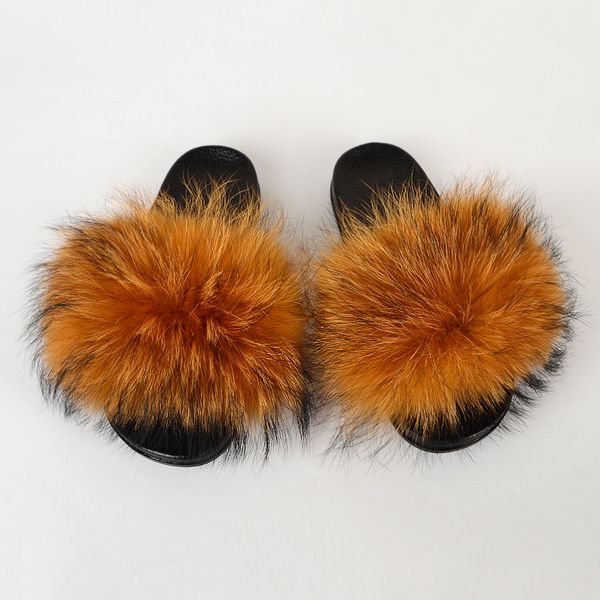 

fluffy faux raccoon fur slippers shoes women furry fur slides outdoor sandals new flip flops cute plush home slippers, Black