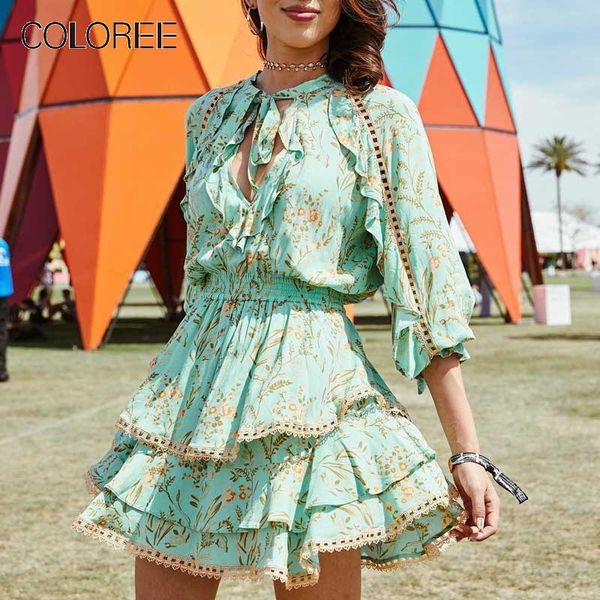 

fashion-coloree vacation boho beach mini dress 2019 turquoise/white printed hollow out ruffles deep v neck lace up dress, Black;gray