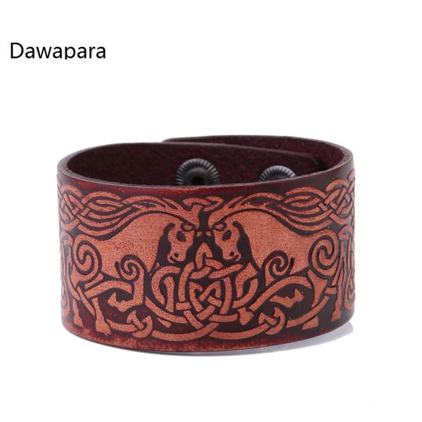 

dawapara double horses head to head mane knot leather wide cuff men's bracelets, White