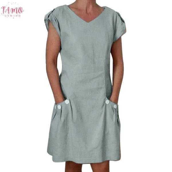 

2020 pleated dresses women casual dress solid ruffled pockets v neck shift cotton button pocket buttoned decor dresses women dress, Black;gray