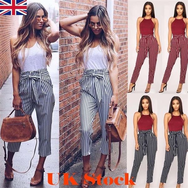 

summer women going out trousers striped printed high waist drawstring design pencil pants fashion females clothing, Black;white