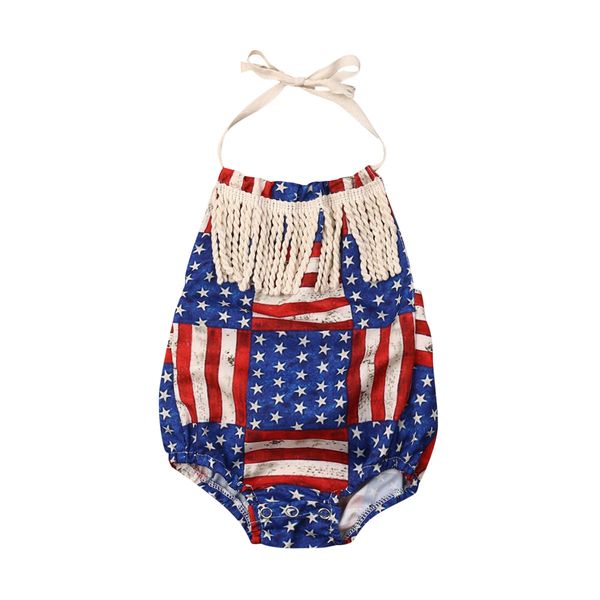 

2019 Summer Newborn Baby Girl My First 4th of July Clothing USA Flag Stars Stripes Tassel Romper+Headband Toddler Girls Clothing