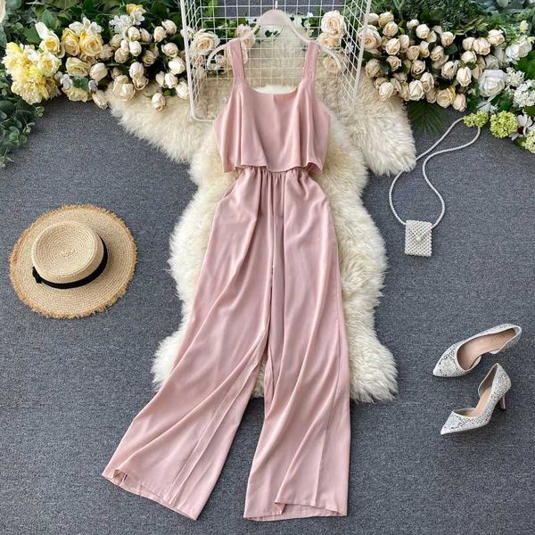 

women's jumpsuits & rompers singrain women summer strap long pants solid backless beach chiffon sling overalls streetwear wide leg, Black;white