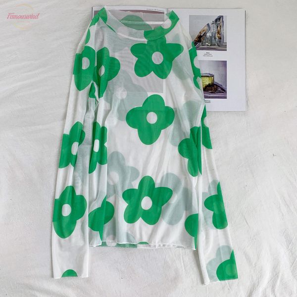 

floral daisy graphic flower print slim stretch mesh see transparent t shirt tee t shirt korean women kawaii 90s, White