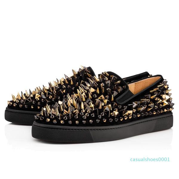 

ace designer fashion luxury red bottom studded spikes flats shoes for men women glitter party lovers genuine leather casual sneakers ac01, Black