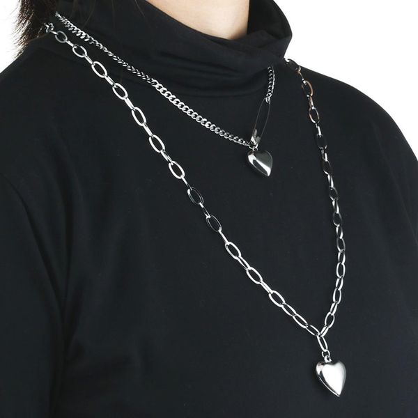 

women gothic punk double layer love heart necklace stainless steel thick chain pendants necklaces silver trendy collar jewelry