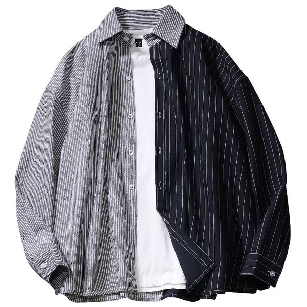 

autumn patchwork men shirt stitching casual shirt long sleeve streetwear men's loose striped fashion clothing 2019b50, White;black