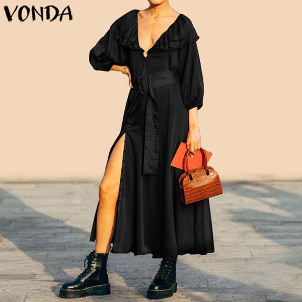 

casual dresses loose dress 2021 vonda women ruffled neck 3/4 sleeve solid color maxi long bohemian party vestidos, Black;gray