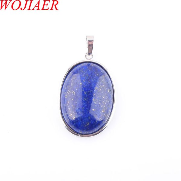 

wojiaer natural lapis lazuli gem stone bead oval silver plated healing reiki chakra pendant necklace jewelry 1pcs dn3223