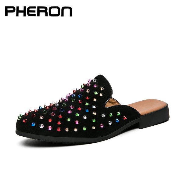 

new fashion gold metal toe men dress shoes italian casual shoes half slippers handmade loafers party flats sandals, Black