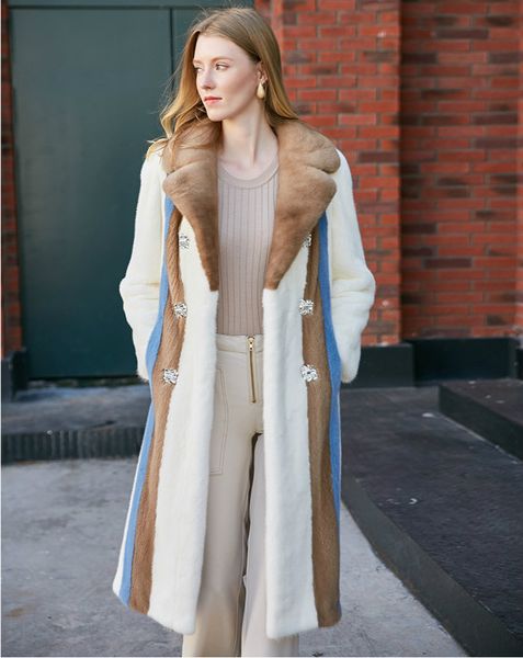 

arlenesain custom 2019 new design white color patchwork some camel and blue color striped women coat with pearl decorate, Black