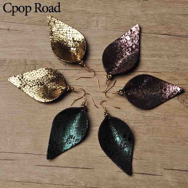 

genuine leather earrings for women bright leahter snake skin pattern statement leaf earrings fashion jewelry trendy ear drops party gift, Silver