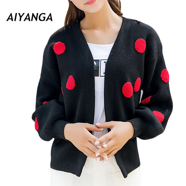 

2017 autumn winter women knitting cardigans female sweater outerwear loose fashion dot wave point knitted open stitch coat, White;black