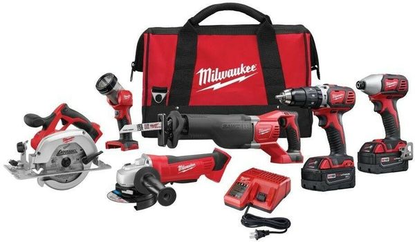 

Milwaukee m18 18 volt cordle tool kit 6 tool 2 3ah batterie charger bag