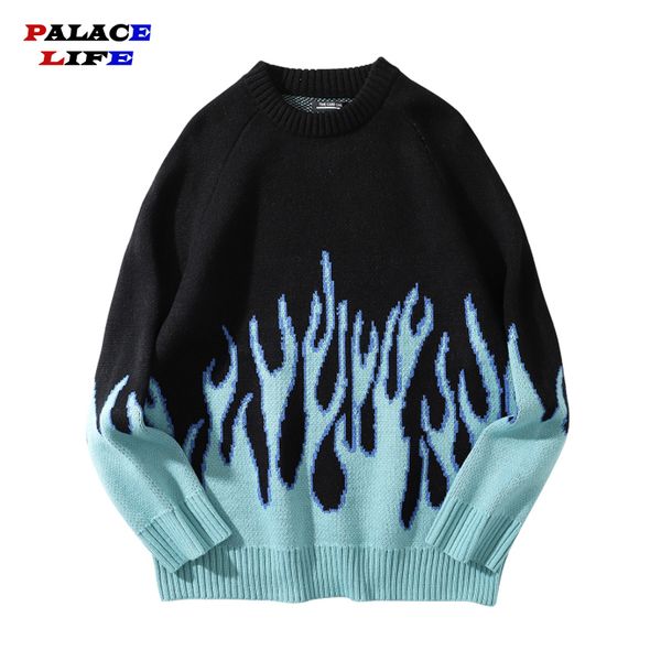

свитер мужчины streetwear голубое пламя шаблон 2020 hip hop winter streetwear мужские свитера пуловер трикотаж свитера для мужчин, White;black