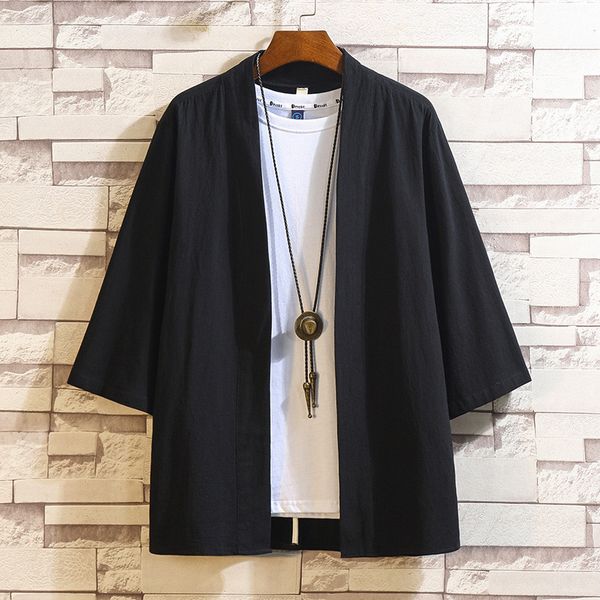 

men's kimono cardigan summer solid japanese streetwear three quarter sleeve shirts plus size korean cotton linen blouse -7xl, White;black